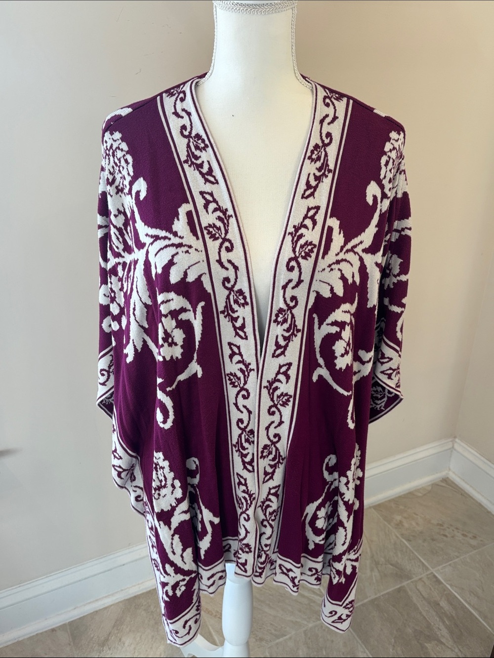 Chico's Reversible Plum and Cream Floral Knit Open-Front Poncho